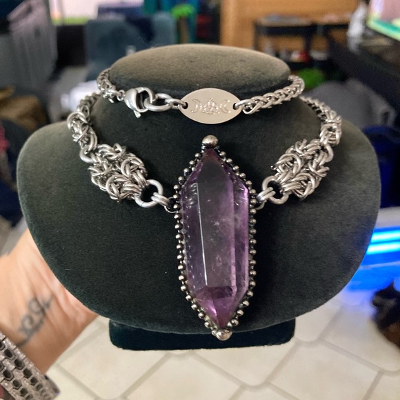 Handmade stainless steel maille necklace genuine big amethyst purple crystal - Picture 4 of 12